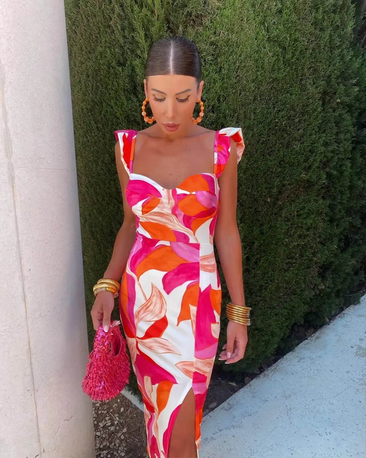 Fashion Print Fly Sleeve Midi Dress For Women Elegant Square Neck Sheath Split Dresses Female Vintage High Street Vestidos