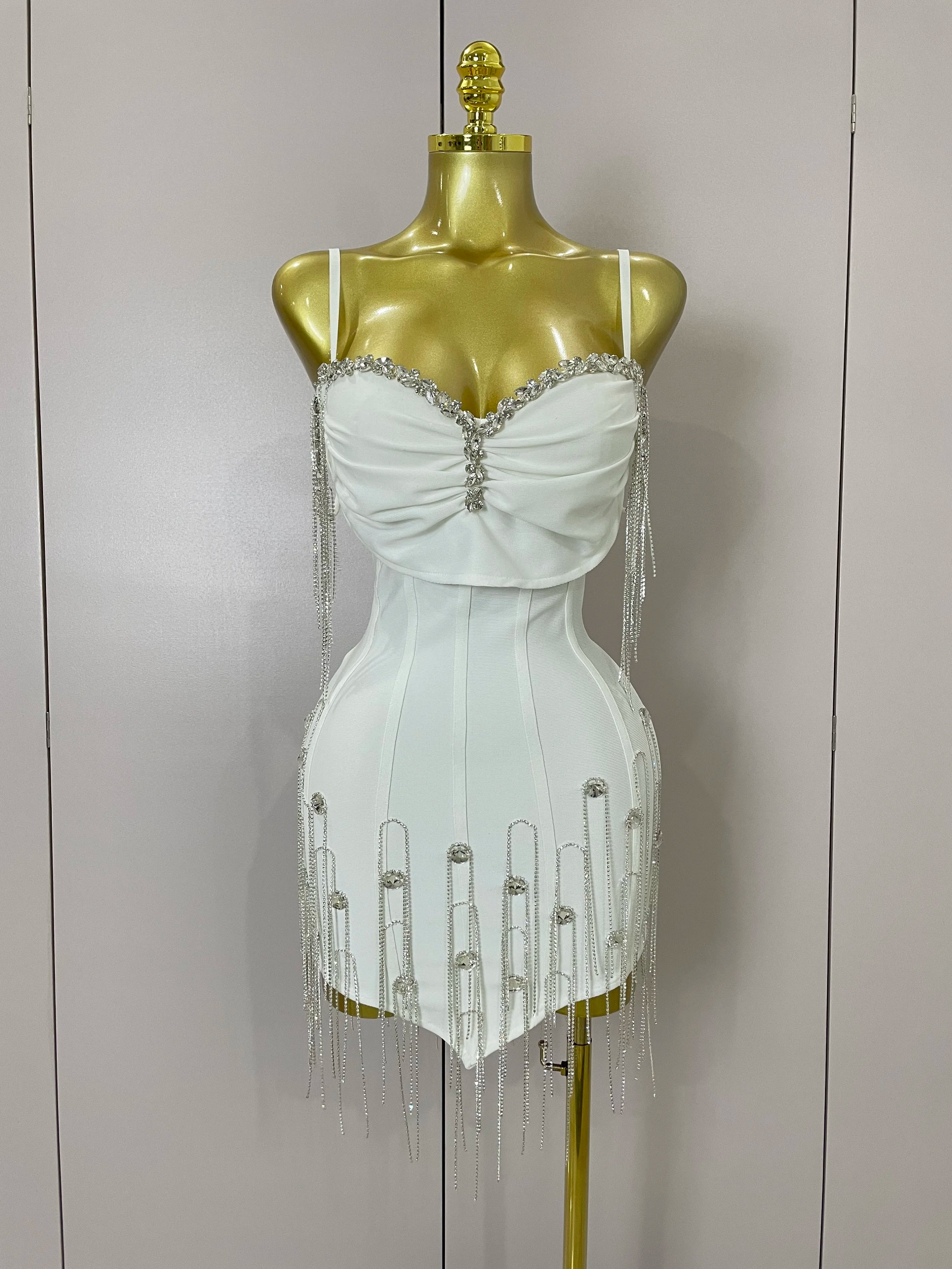 Sexy Backless Spaghetti Strap Black Sleeveless Bodycon Bandage Dress Women Elegant Prom Gown Club Evening Party Birthday Dresses WHITE