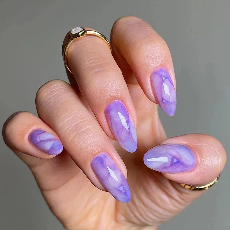 24Pcs Simple Wine Red Fake Nail with Glue Mid-length Almond Press on False Nails Wearable Round Head Oval Full Cover Nail Tips 1536