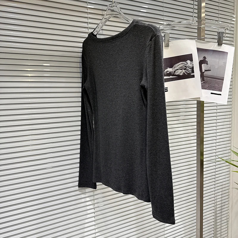 Winter New Fashion V-neck Hollow Design Solid Color Shoulder Pad Long Sleeve T-shirt Women's Solid Color Top 11A07645