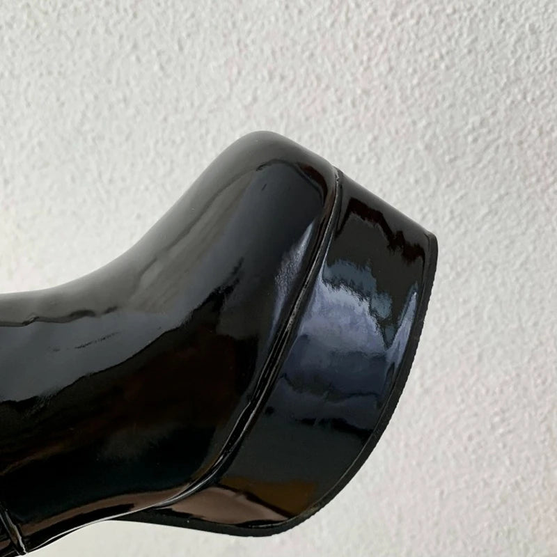 SIMLOVEYO Platform Knee High Boots Toe Block Heels Rubber Size 34-43 Black White Blue S2729