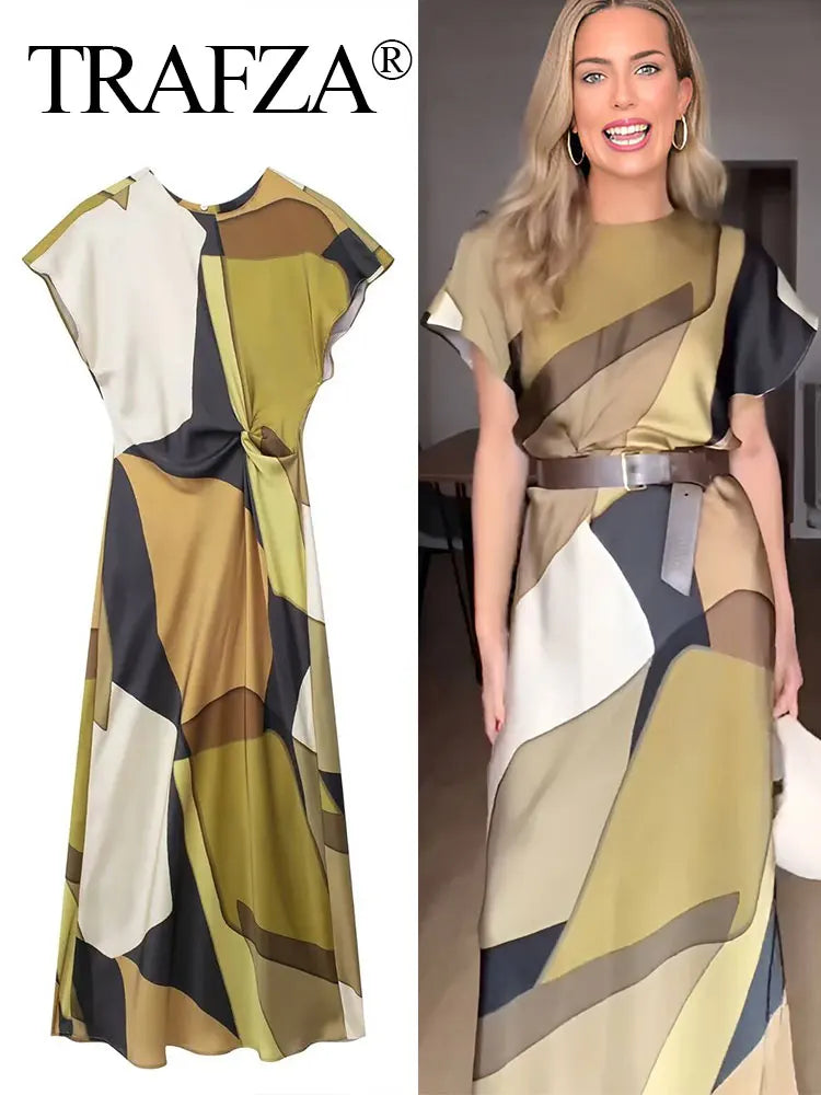 TRAFZA New Summer Women's Long Dress Print O-Neck Short Sleeves Back Hollow Out Vinatge Chic Pleats Loose Female Dresses