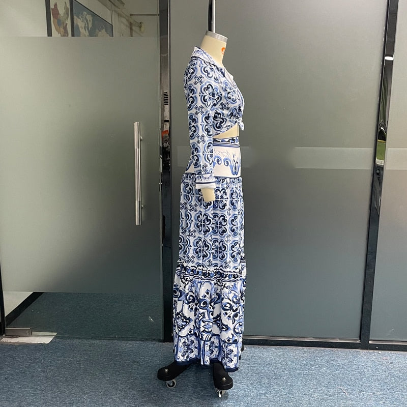 Women 2 Piece Sets Autumn Skirt Sets Sexy Lapel Porcelain Print Sets To Dress Bare Waist Long Sleeves Party Outfit