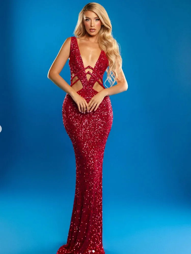 Women Luxury Sexy V Neck Cut Out Red Sequins Maxi Long Gowns Dress 2024 Elegant Evening Party Club Dress Vestido Red