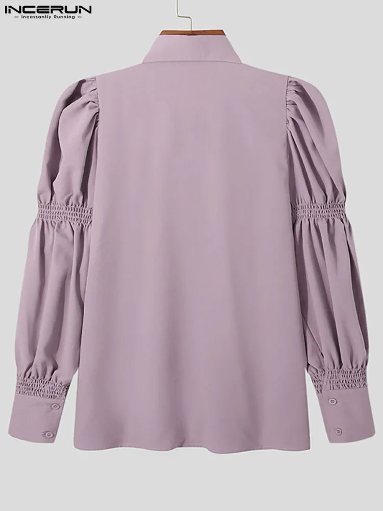 INCERUN Tops American Style New Men Solid Puff Sleeve Shape Blouse Fashion Party Shows Male Loose Long-sleeved Shirts S-5XL