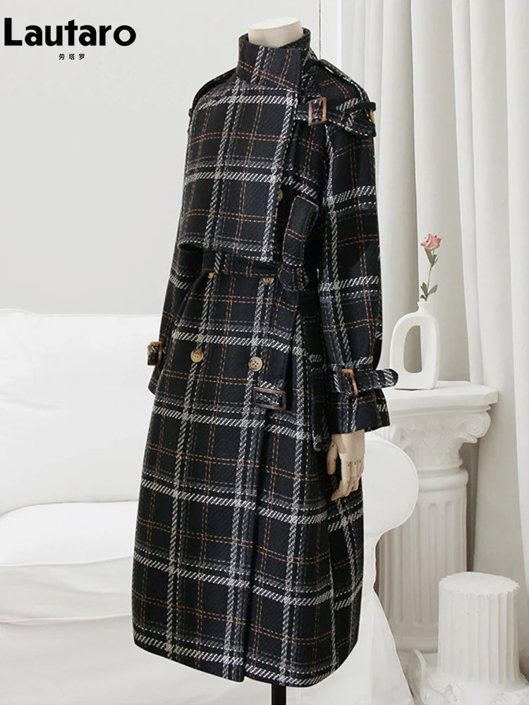 Autumn Winter Long Loose Warm Plaid Wool Blends Trench Coat for Women Raglan Sleeve Belt Double Breasted Woolen Overcoat