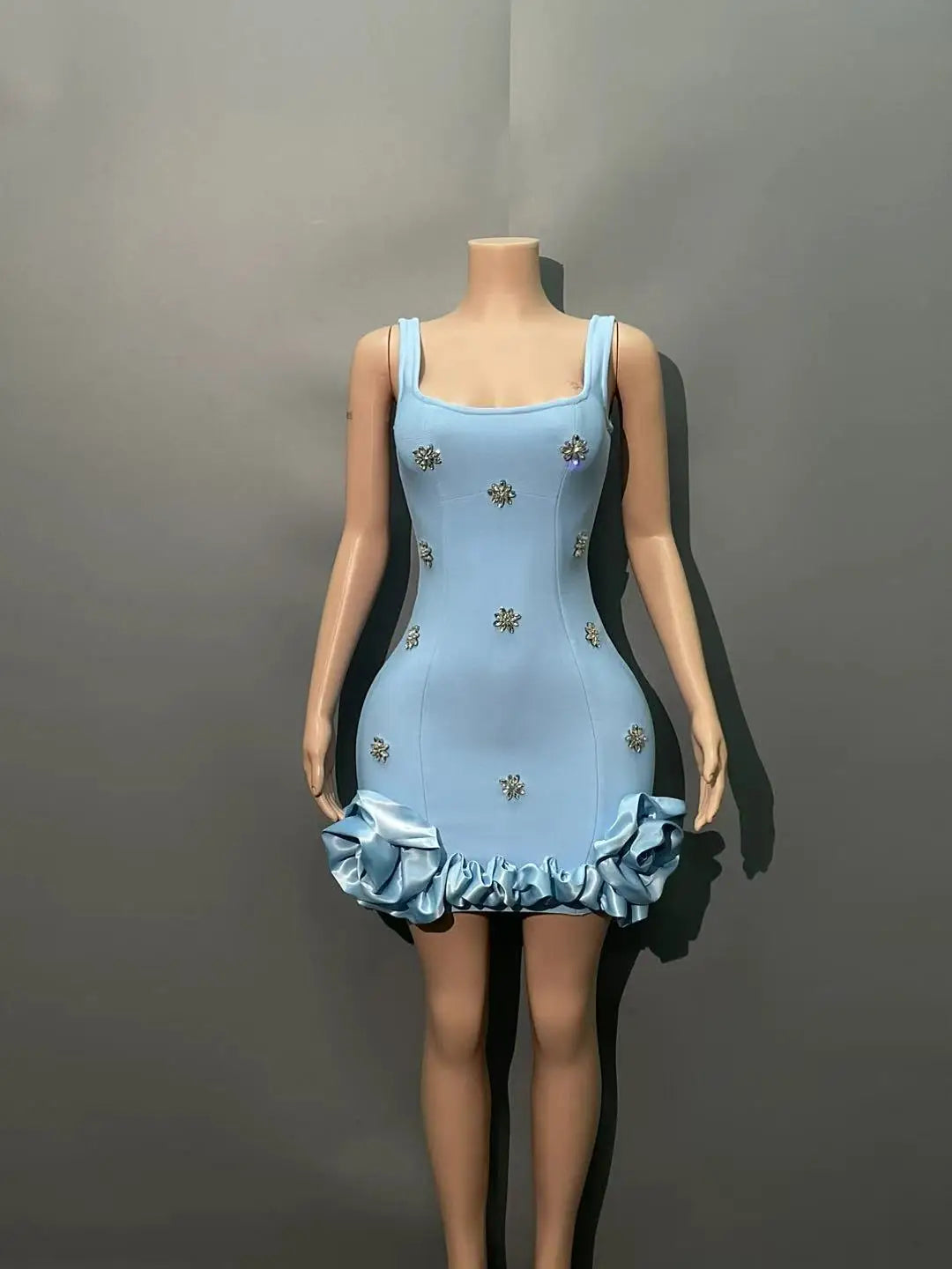 New STyle Skyblue Women Sleeveless Big O-Neck Bodycon Mini Bandage Dress Ruffles Cute Birthday Party Celebrate Dress SKY BLUE