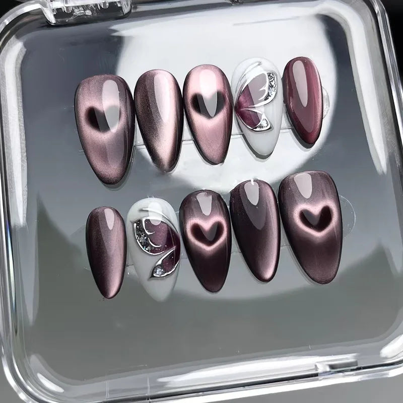 24Pcs 3D Green Ripple Design False Nails Cat's Eye French Almond Fake Nail Tips Leaves Pattern Removable Oval Press on Nails 1984
