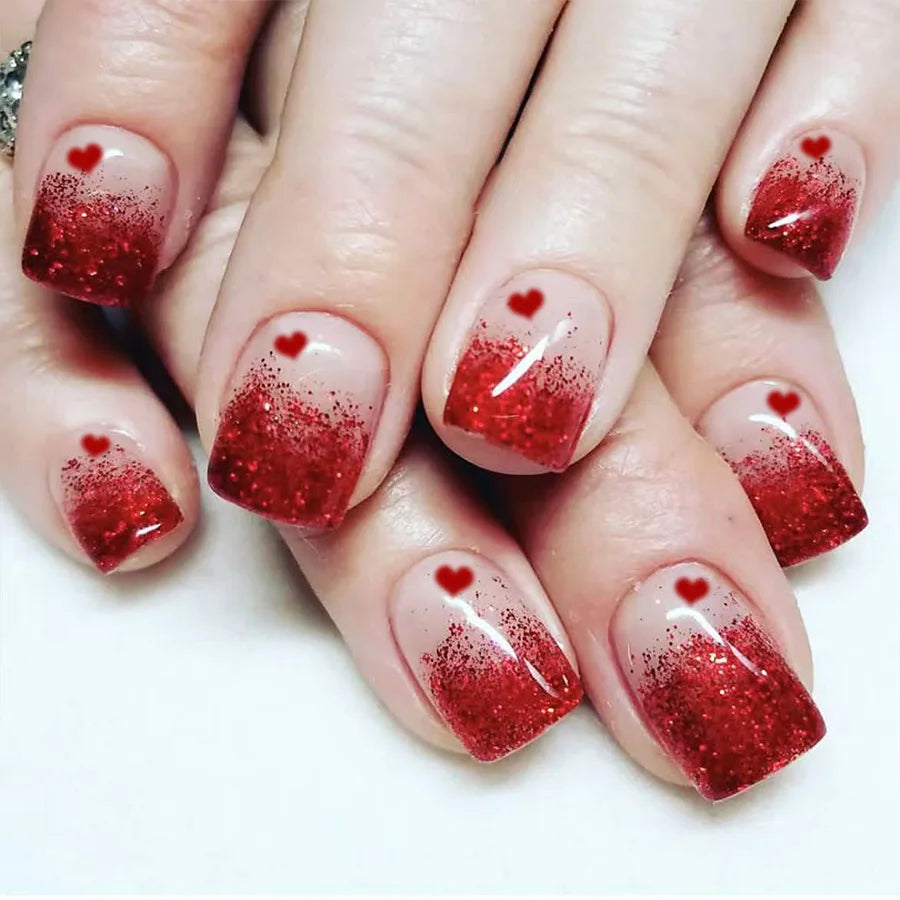 24Pcs Short Glitter False Nails Black Red Sweet Cool Press on Nails Love Valentine Wearing Nail Art Full Cover French Fake Nail 6