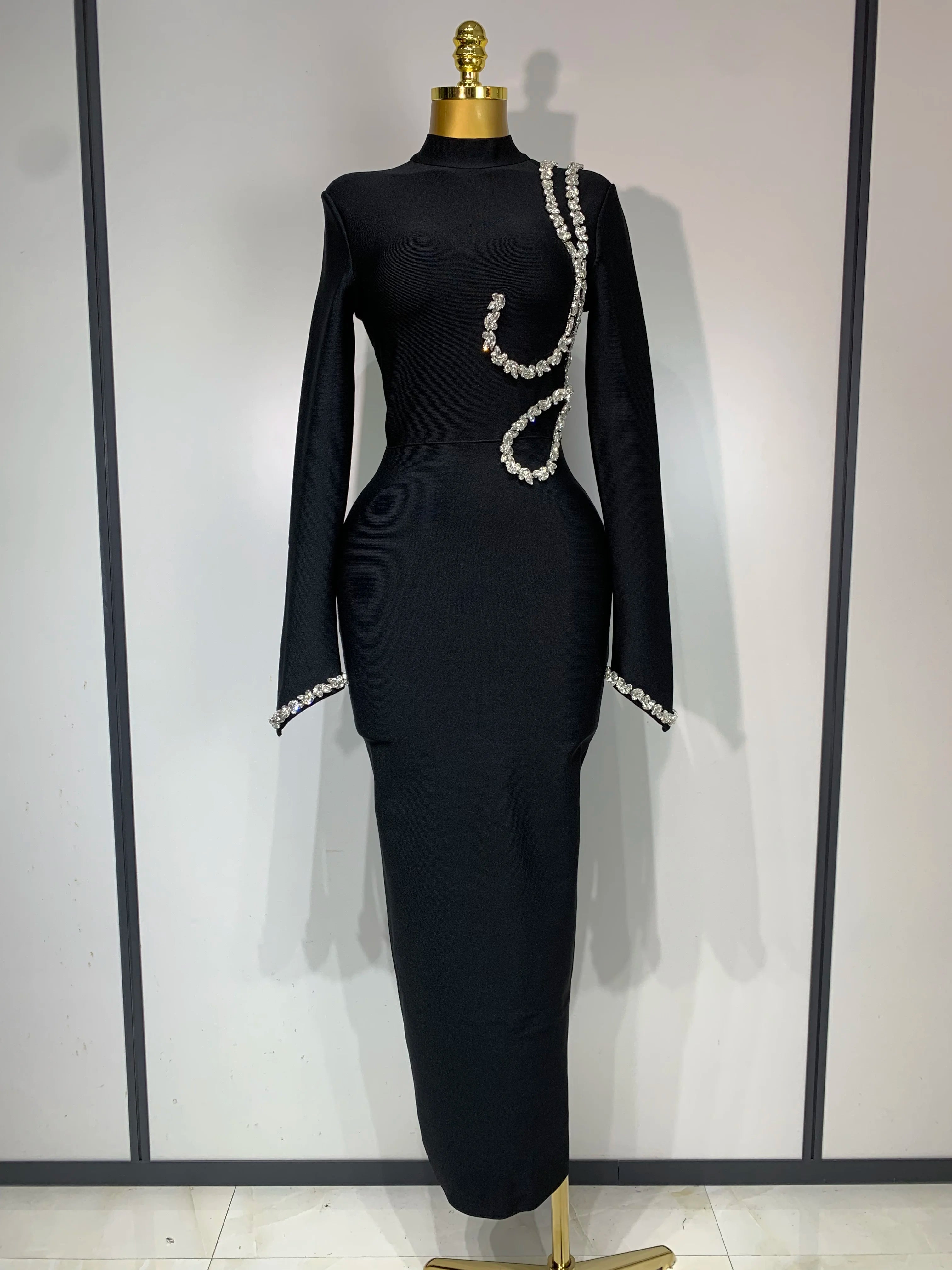 Women Sexy Long Sleeve Diamonds Maxi Long Bodycon Bandage Dress 2025 Celebrity Elegant Evening Party Luxury Birthday Dresses black