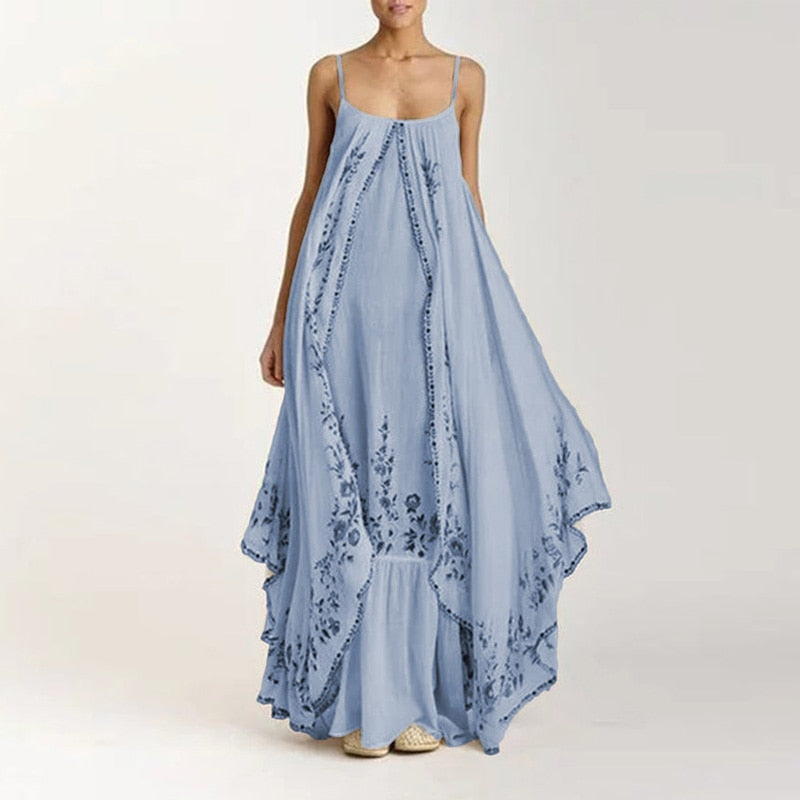 Vintage Sling Floral Print Women Maxi Dresses Casual Boho Sleeveless Elegant Long Dress Ladies Loose Irregular Beach Party Dress