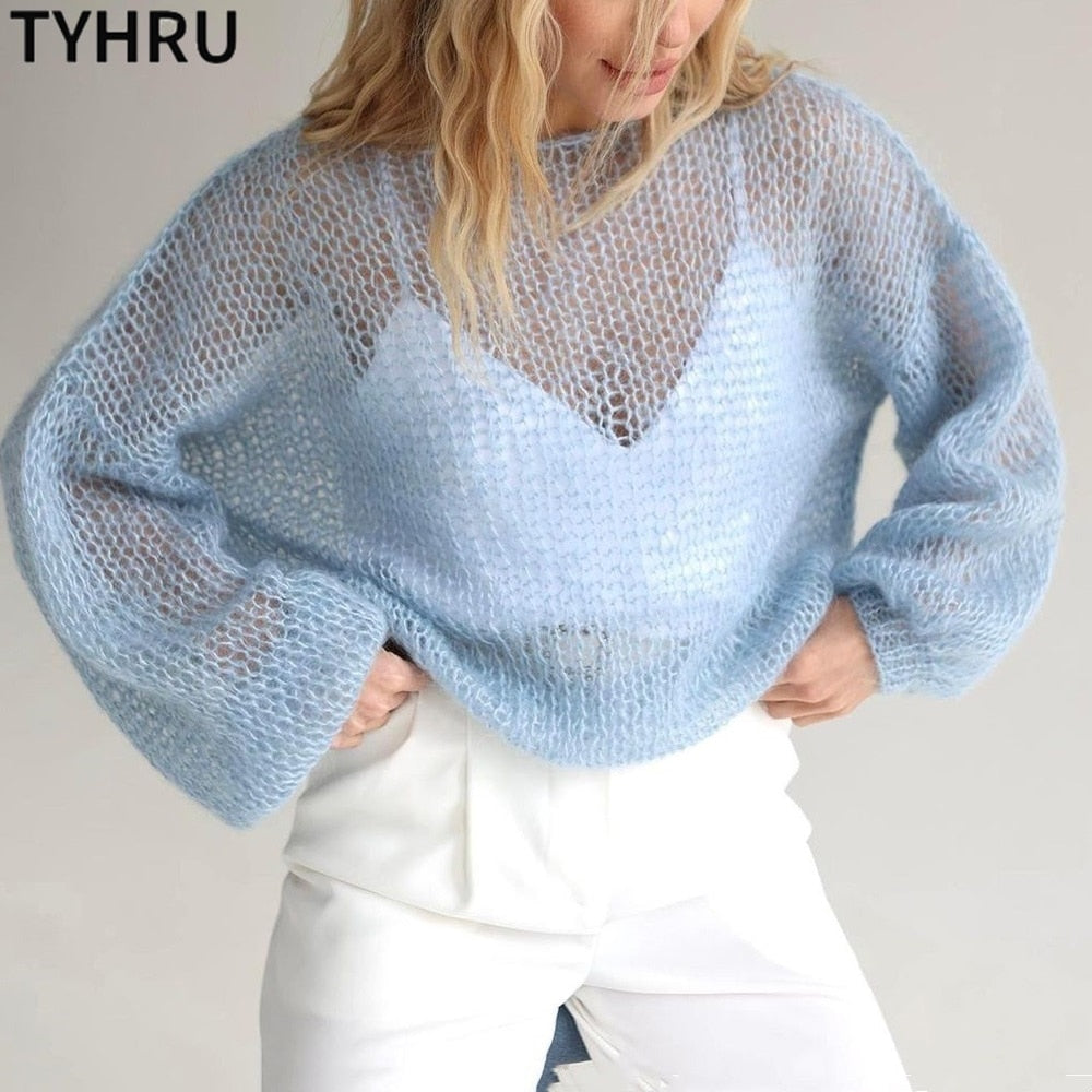 TYHRU Women's Knitted Sweaters Lady Hollow out Mesh Thin Pullover See Through Look Lantern Sleeve Loose Tops Smock Blue