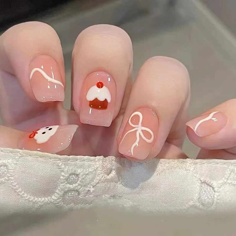 24pcs/set short Medium fake nails square ballet almond nail tips pink beautiful heart for Valentine's Day press on false nails 1689