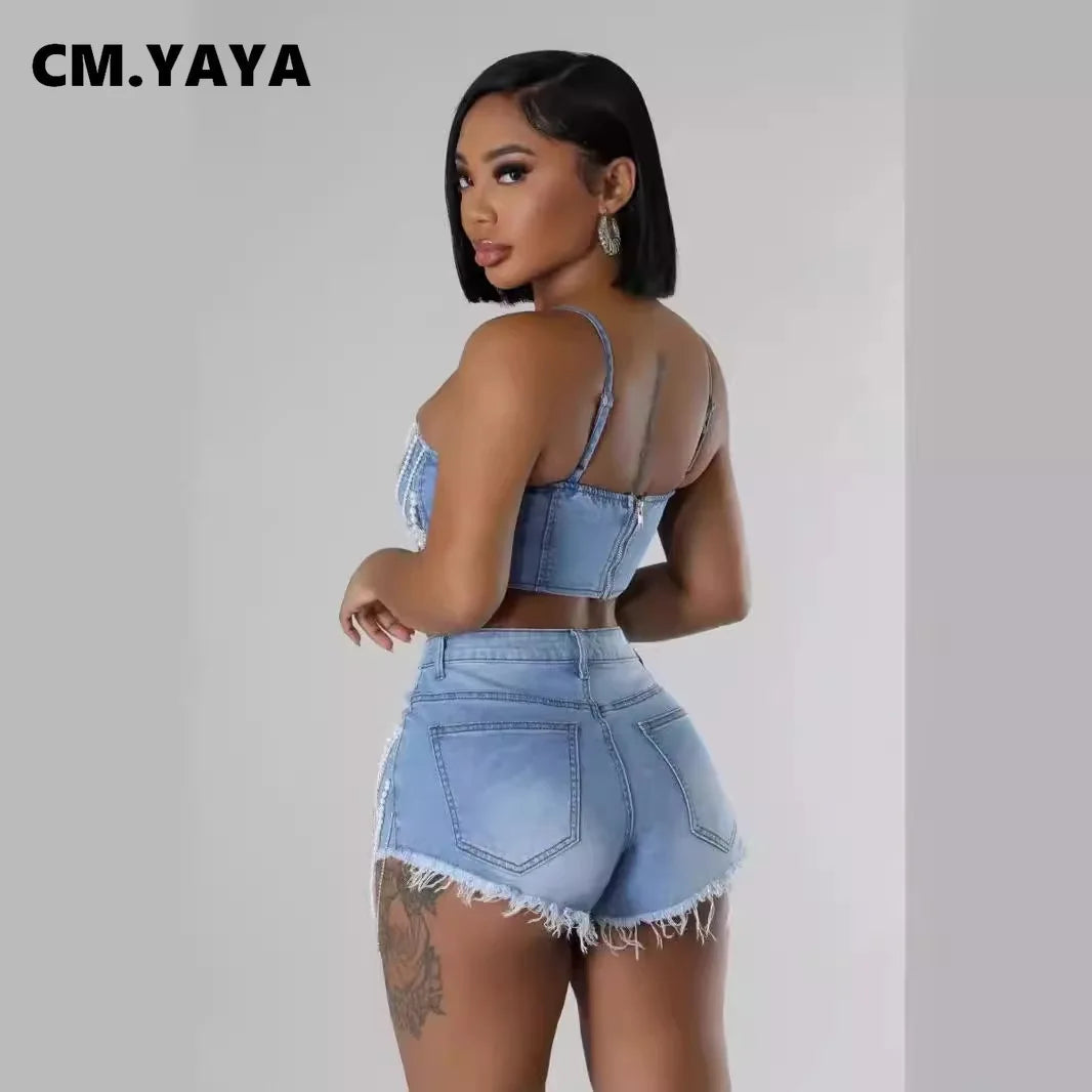 Women Set Denim Strapless Pearl Beading Top + shorts Sets Street Casual Two 2 Piece Set Sexy Party Outfit 2024 Summer