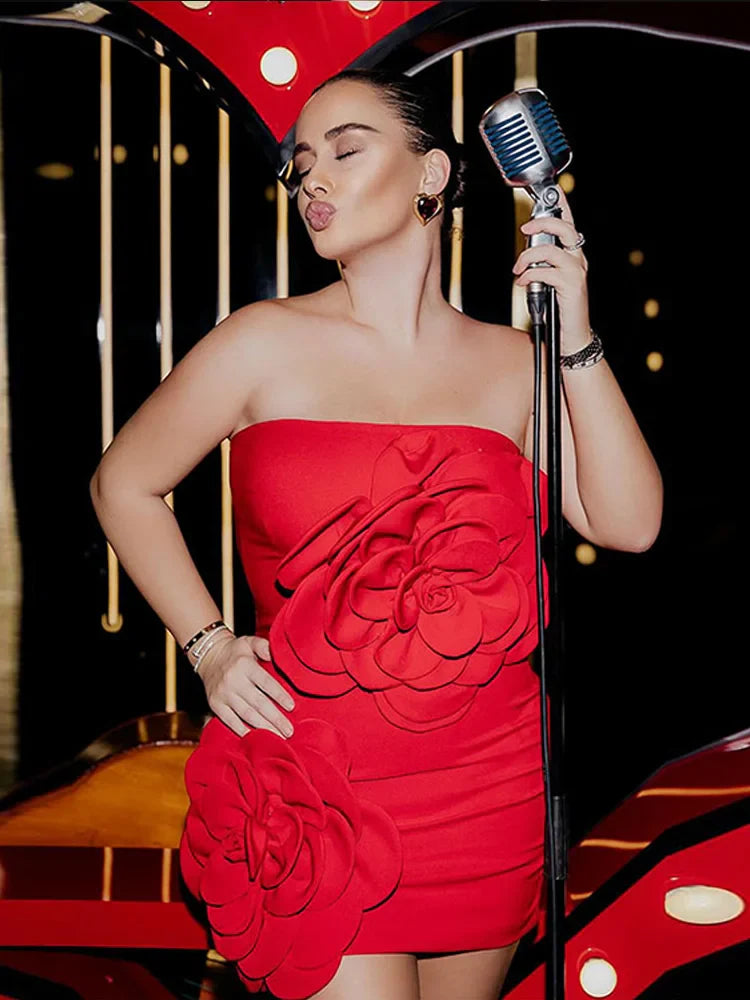 Women Red 3d Flower Strapless Short Dress Elegant Backless Sleeveless High Waist Mini Dresses Fashion Banquet Chic Robes
