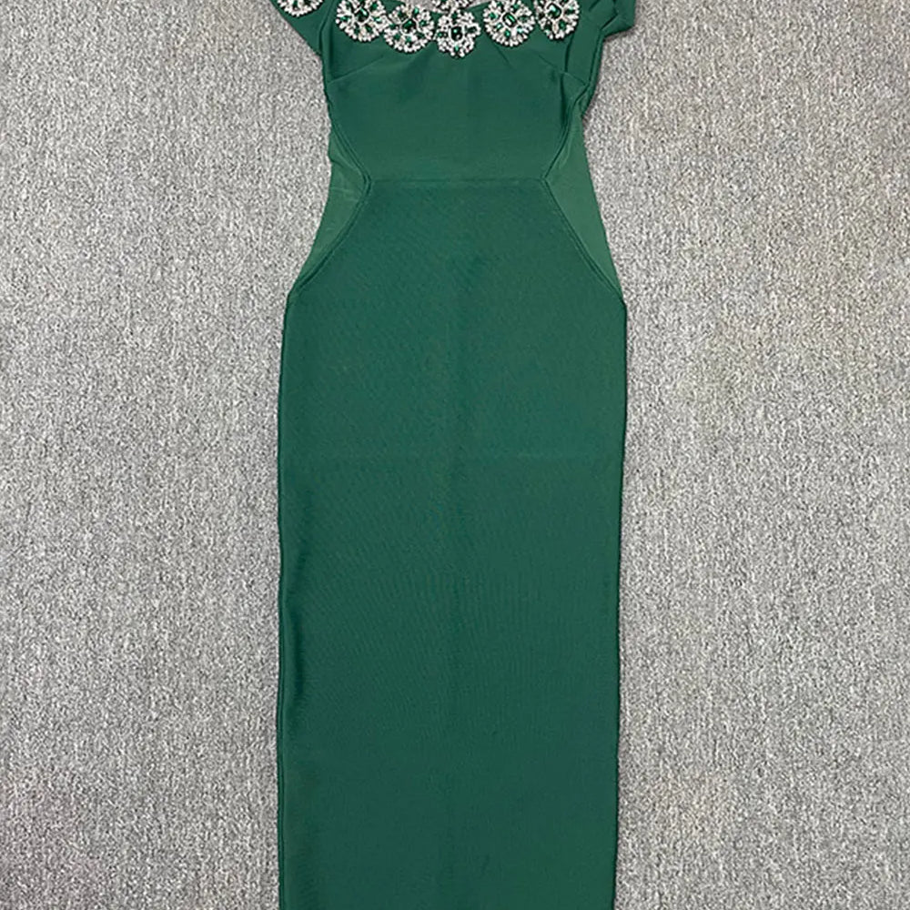 2024 Heavy Industry Beaded Women Sexy Bandage Dress Hanging Neck Style Card Shoulder Sleeve Bodycon Off Back Long Dress Vestidos green