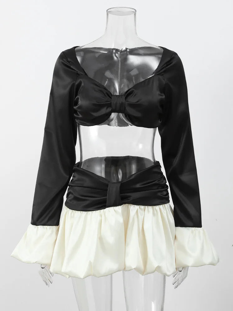 Sexy Contrasting Cropped Chest Wrapped Top Suit White Pleated Hem Short Bud Skirts Sets Elegant Lady Party Club Women's Clothes Black