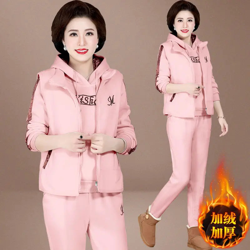Women's Autumn Winter New Suit Plush Thickened Hooded Tops Waistcoat Pants 3 Three Piece Sets Fashion Plus Size Women Clothing Pink