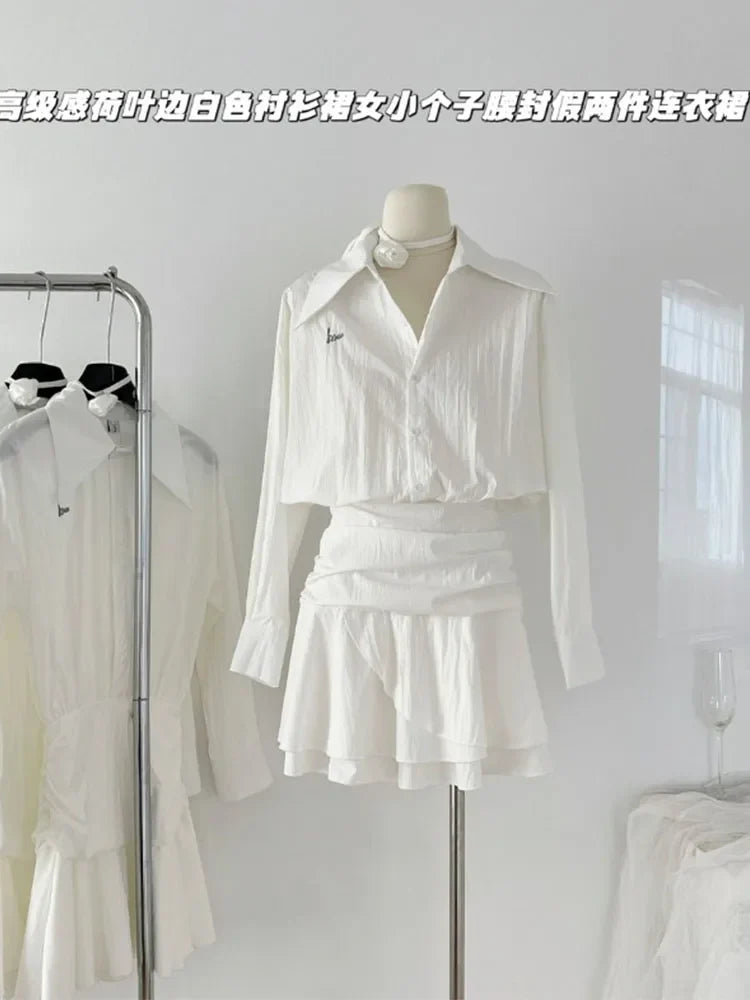 Elegant Fashion Polo Shirt Dress Mori Girl Fake Two Pieces Frocks White A-Line Dress Single Breasted Ins Streetwear High Quality White