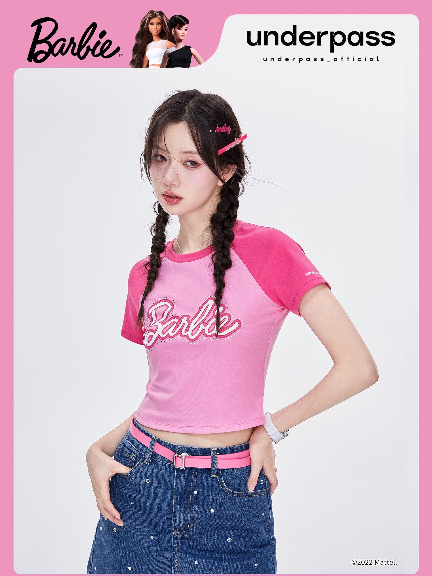 Underpass X Barbie Print Hot Drill Navel Slim Fit Contrast Short-Sleeved T-Shirt Y2K Girls Skinny Short Sleeves Fashion Soft Top