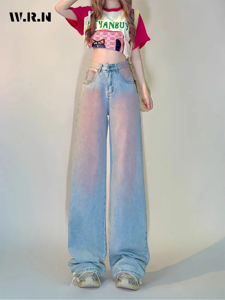 Korean Women's Wide Leg Baggy Y2K 2000s Denim Trouser Fashion Sweet Casual High Waist Pants High Street Blue Straight Jeans