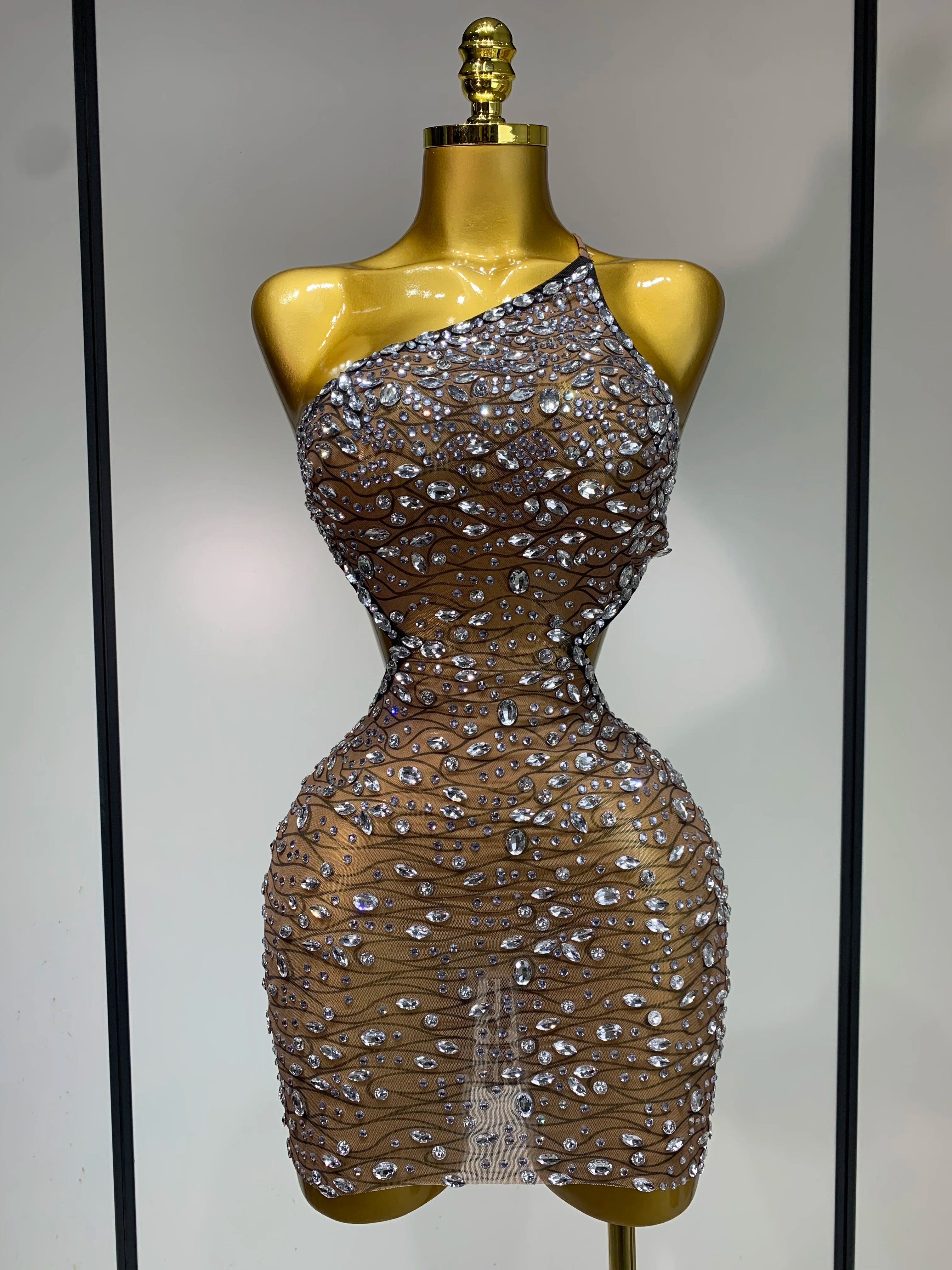 Women 2025 Sexy Backless See Through Sparkly Diamond Evening Prom Gown Luxury Birthday Celebrate Stage Nightclub Hotwife Outfit Light Brown