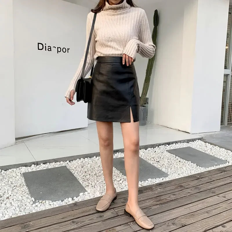 Slit Leather Skirt Female Autumn Winter New A- line Skirt Office Lady Sheath High Waist Slimming Skirt Mujer Faldas