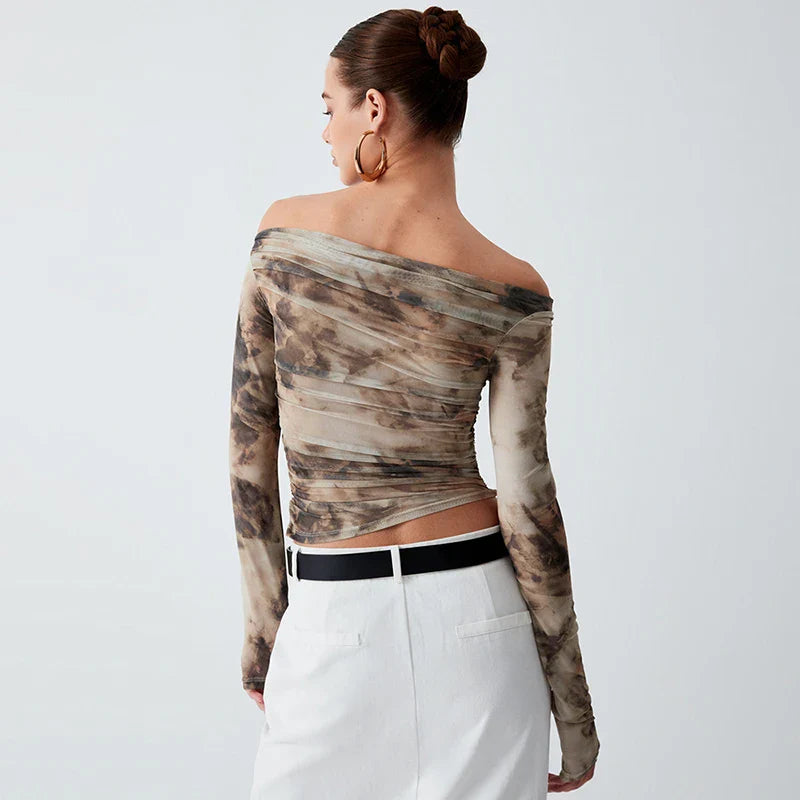 CUTENOVA Spring New Printed Slash Collar Long Sleeve Backless Shrinkage Top T-Shirt Mesh See Through Elegant Top Casual