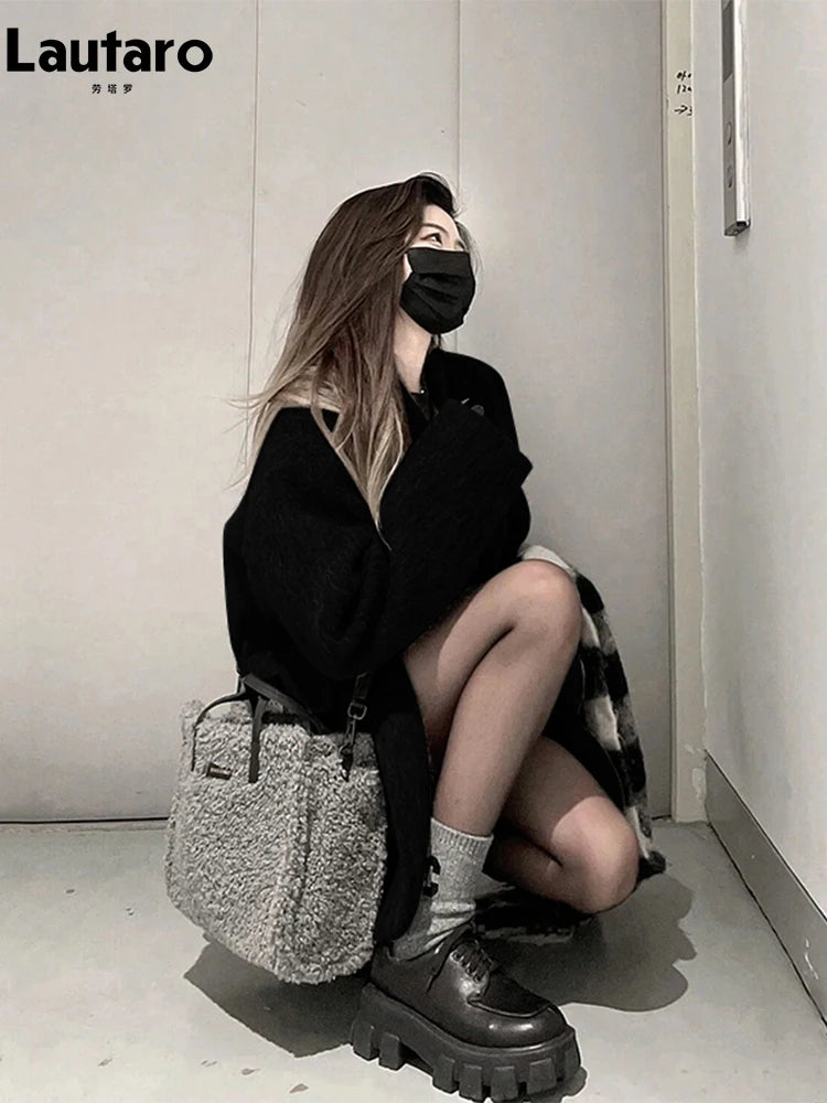 Lautaro Autumn Winter Grey Black Warm Soft Woolen Blazer Women Long Sleeve Single Breasted Korean Fashion New in Coats & Jackets