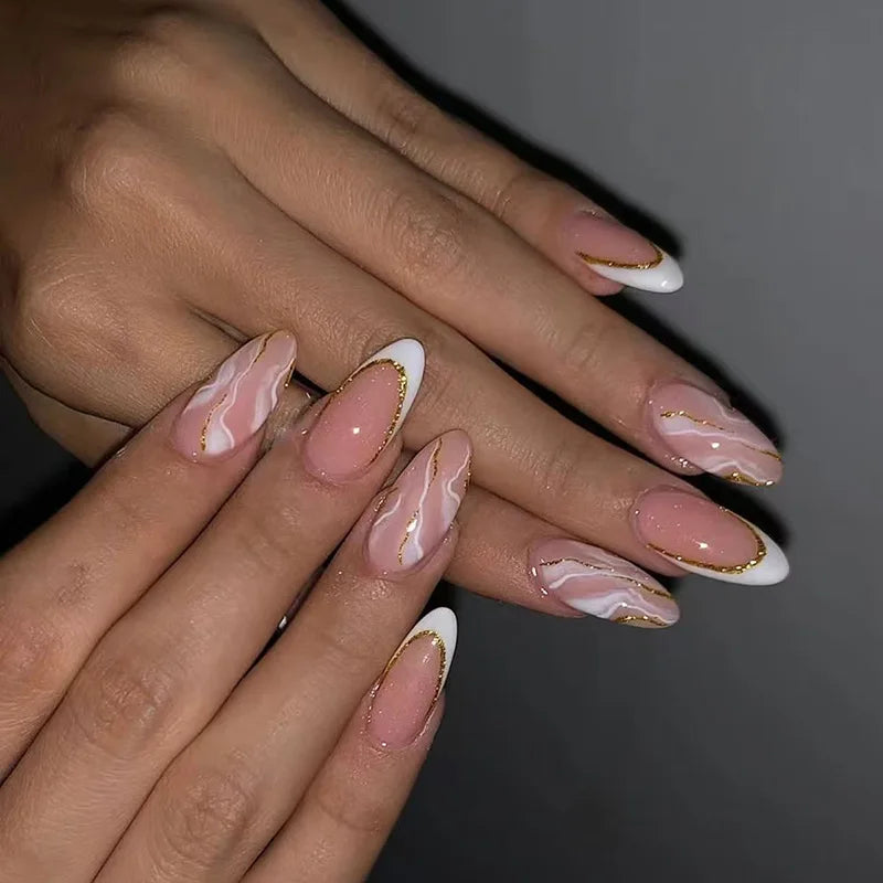 24Pcs Simple French Nails Art Tips Fake Nails 3D Design Wearable Full Cover False Nail Mid-length Almond Reusable Press on Nails 1721