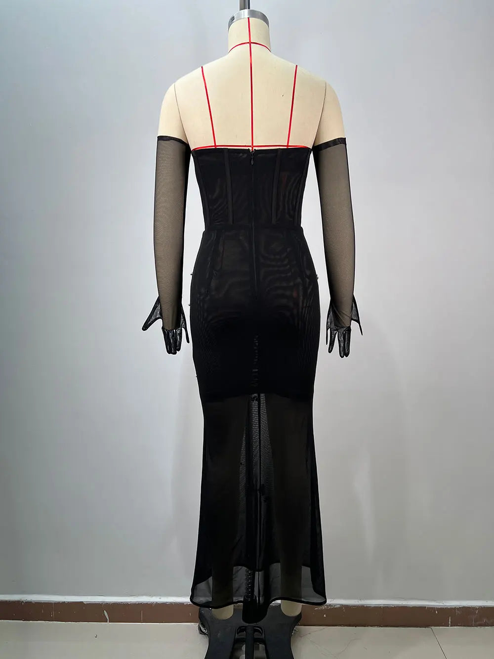 2025 Women'S Light Luxury Nail Bead Chiffon Dress Strapless Sleeveless Glove Design Bodycon Backless Black Long Dresses Vestidos