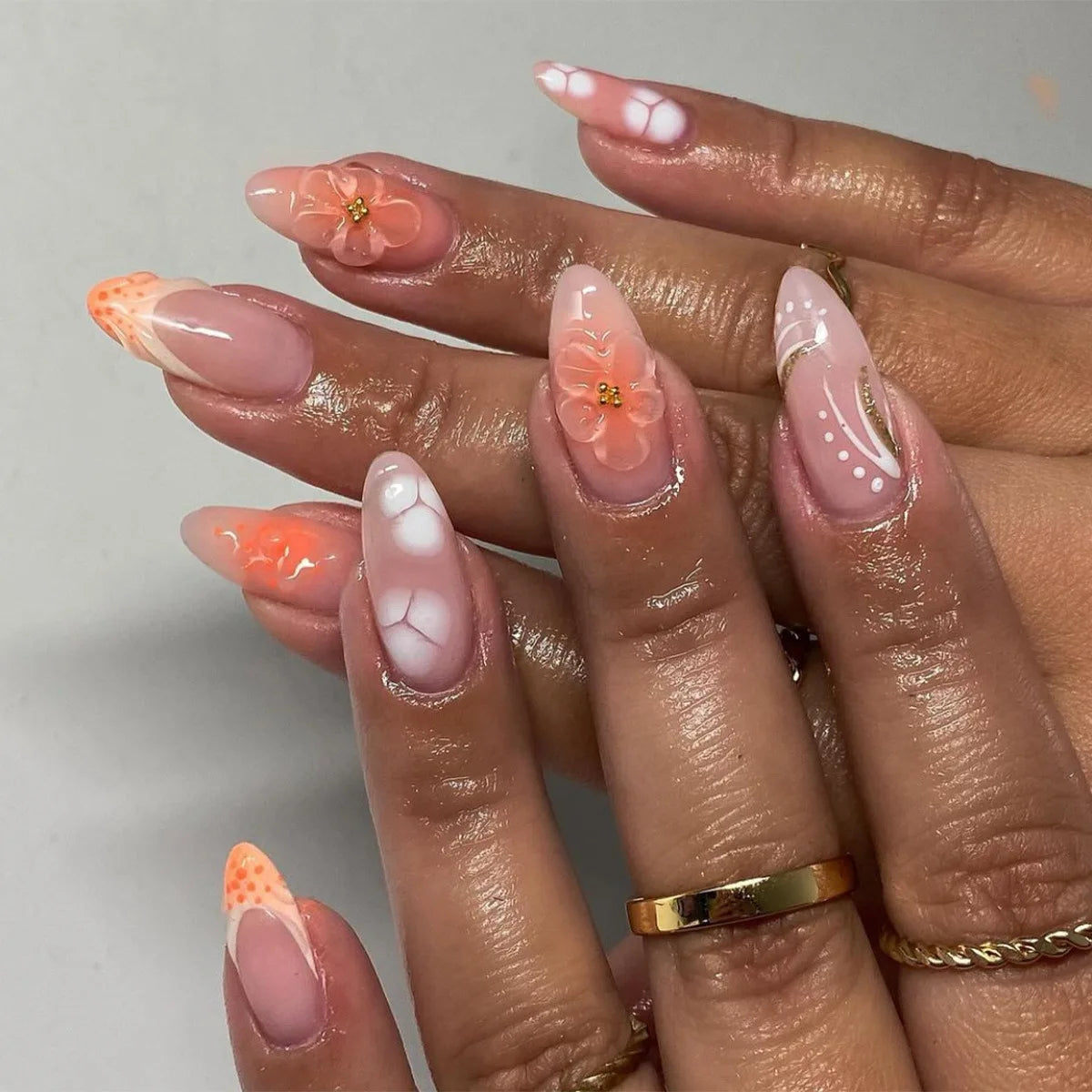 24Pcs Fashion Color 3D Flower Nail Tip French Vibrant Wearing Nail Art Short Almond Acrylic Manicure Set with Jelly Glue Summer 6