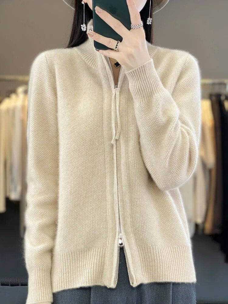 Women's Wool Knitting Sweater Clothing Autumn/Winter Casual Loose Top Fashion Korean Cashmere Large Zipper Jacket Beige