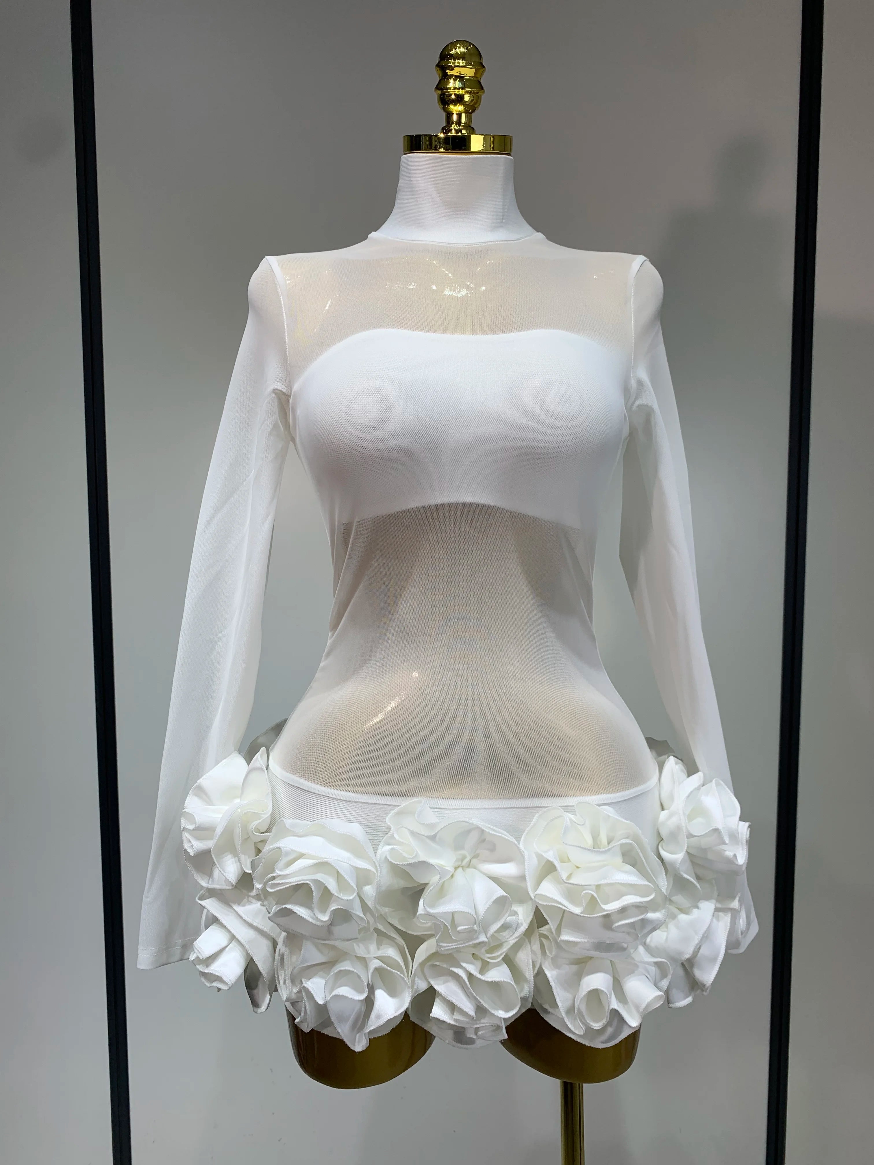 Women Sexy Mesh See through Stereoscopic Flowers Red Mini Bandage Dress Birthday Party Evening Dress Club Singer Perform Costume WHITE