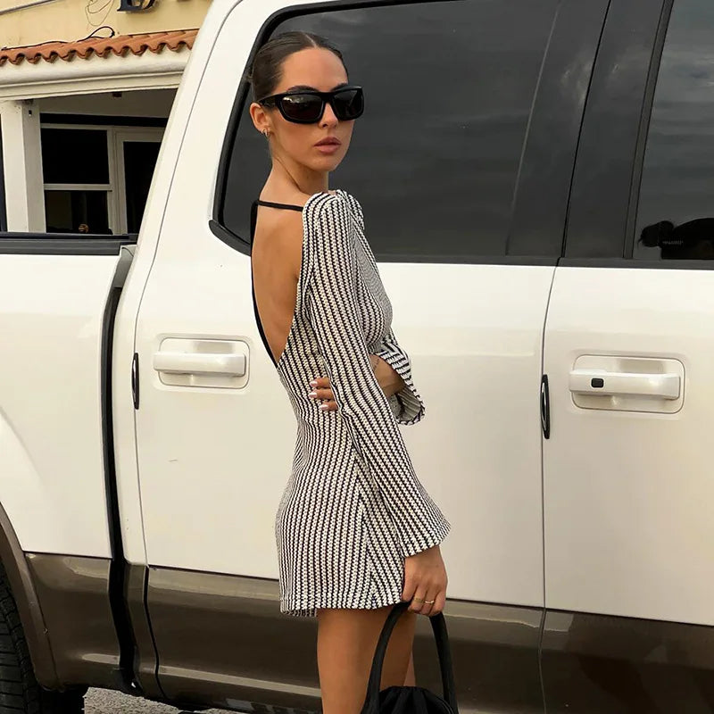 2023 Winter Sexy Hot Girl Back Hollow Air Striped Retro Long Sleeve Dress Elegant Luxurious Club Outfit Vestidos