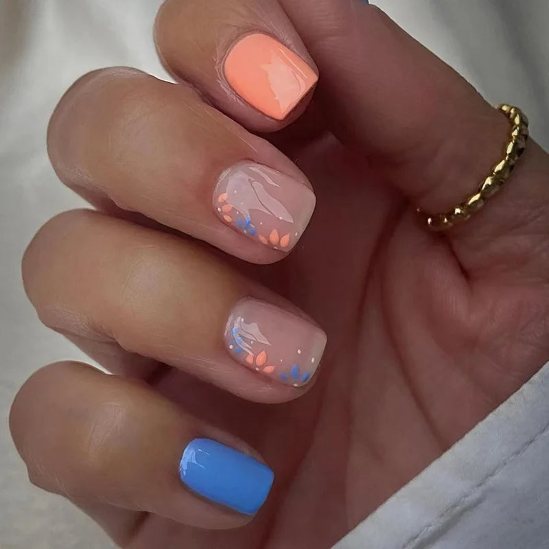 24Pcs Colorful Fake Nail Short Square Head False Nails Press on Sweet Flowers Design Wearable Nails Art Full Cover Manicure Tips 1124