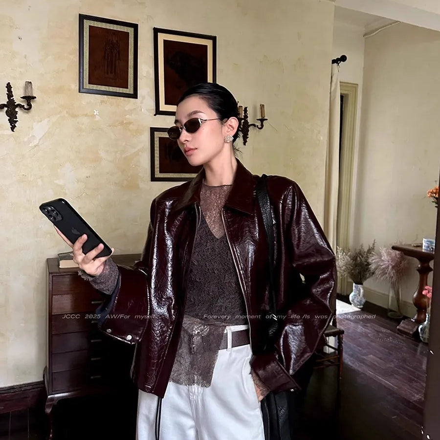 Lautaro Spring Autumn Short Pu Leather Jacket Women Zippper Turn-Down Collar High Quality Luxury Designer American Retro Clothes