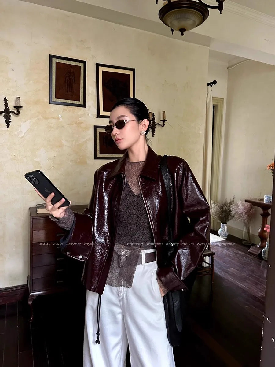 Lautaro Spring Autumn Short Pu Leather Jacket Women Zippper Turn-Down Collar High Quality Luxury Designer American Retro Clothes