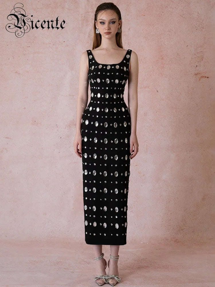 VC Women'S Black Sexy Sleeveless Square Neck Luxurious Crystal Bandage Maxi Long Dress Elegant Party Cocktail Evening Dress