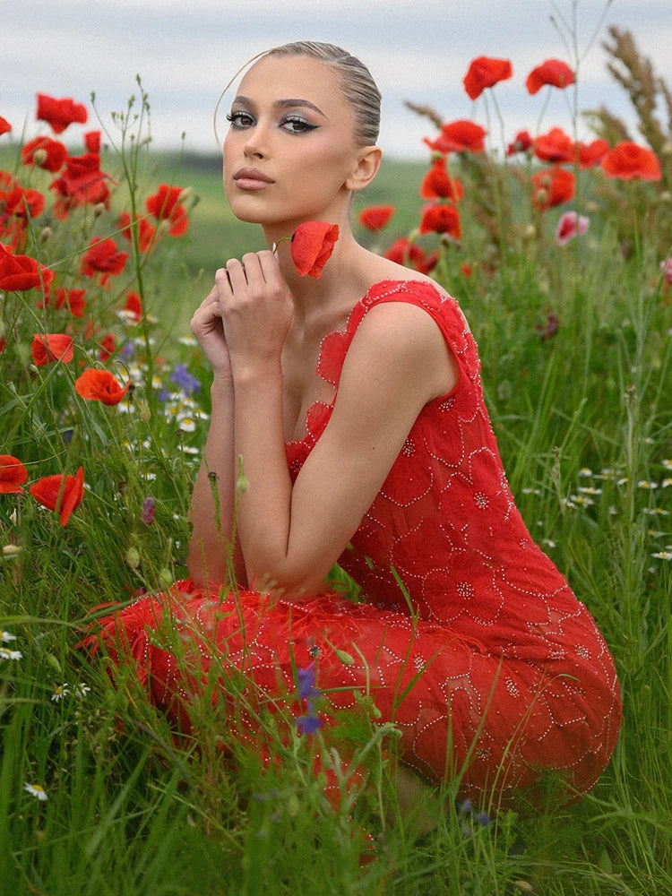 Romantic Sleeveless Red Floral Mermaid Dress for Garden Weddings Party Evening Gown