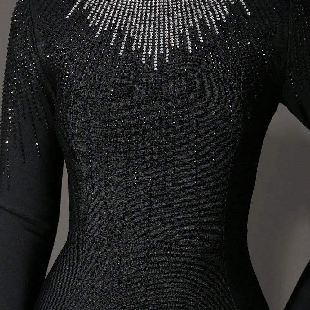 2025 Elegant Women's Light Luxury Hot Diamond Bandage Dress O-neck Long Sleeve Bodycon Black Long Dress Evening Party Vestidos