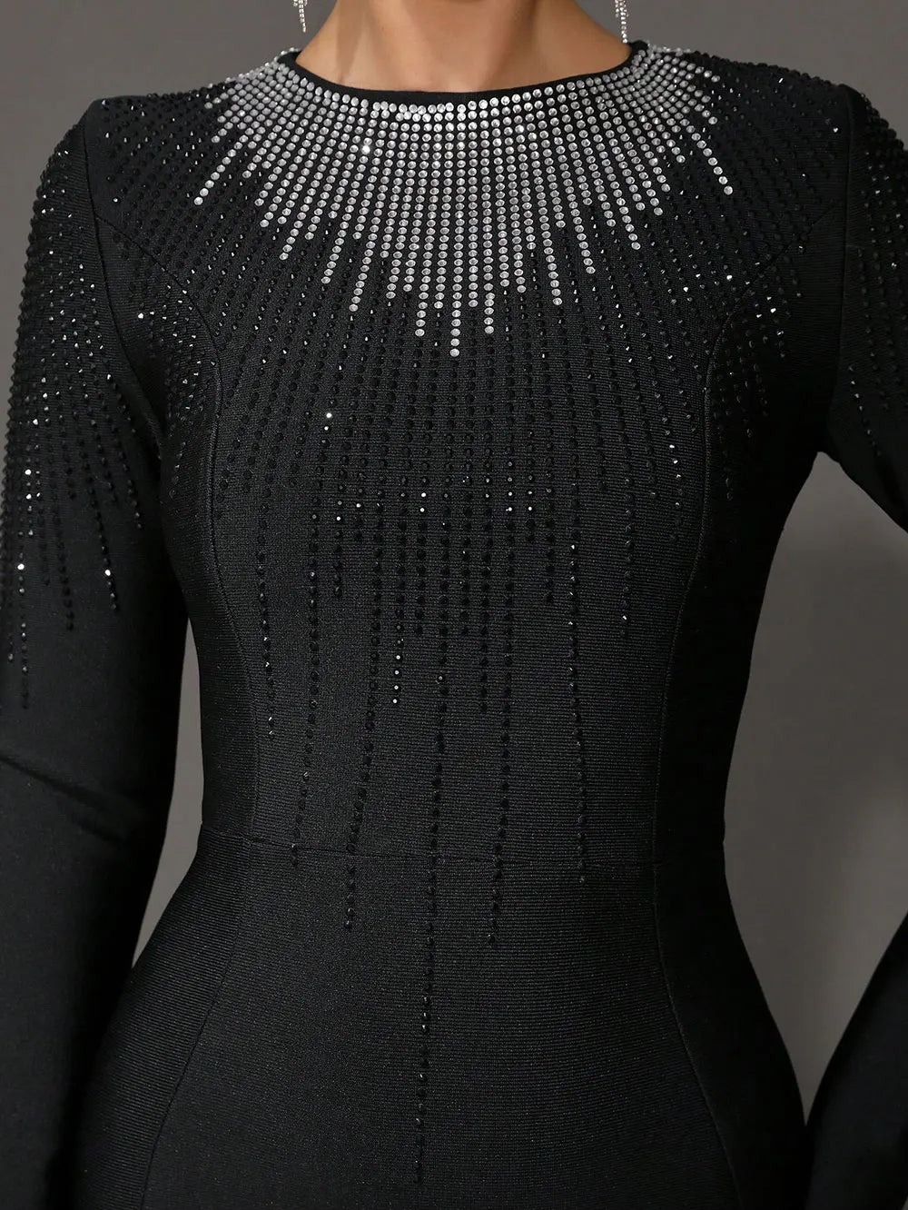 2025 Elegant Women's Light Luxury Hot Diamond Bandage Dress O-neck Long Sleeve Bodycon Black Long Dress Evening Party Vestidos