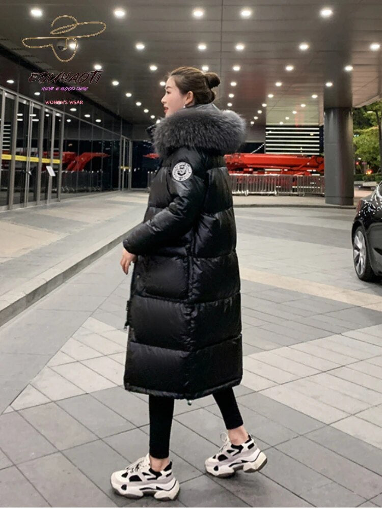 Woman Winter Parkas New Glossy Wash Free Down Cotton Jacket Below The Knees Long Style Hooded Fur Collar Thicken Women's Coat