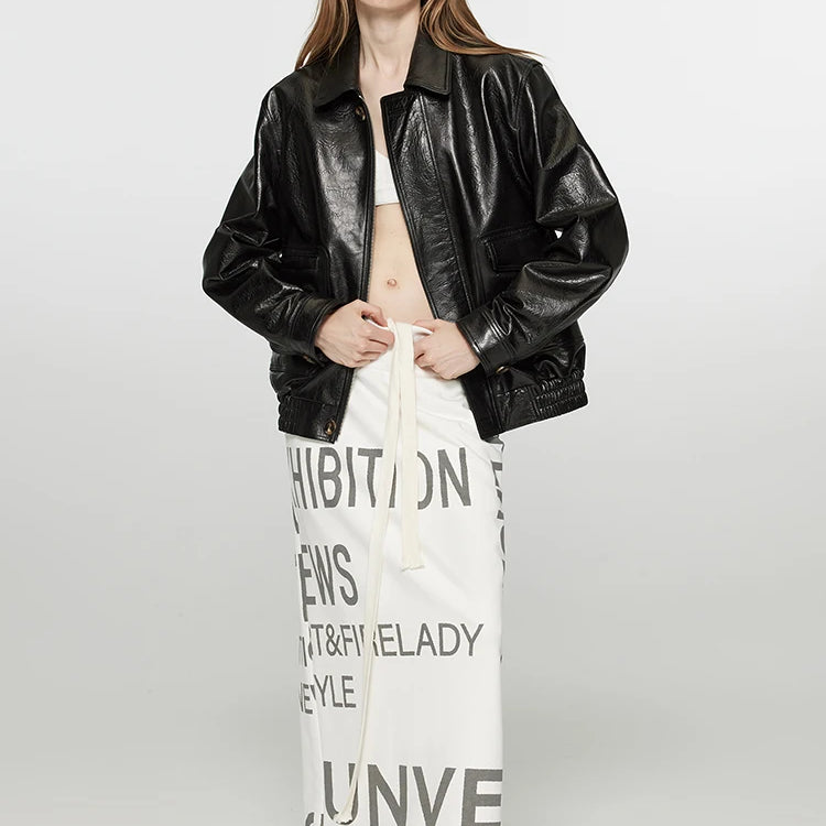 Lautaro Spring Autumn Short Distressed Brown Pu Leather Jacket Women Zipper Pockets Luxury Designer American Retro Clothes 2025 Black