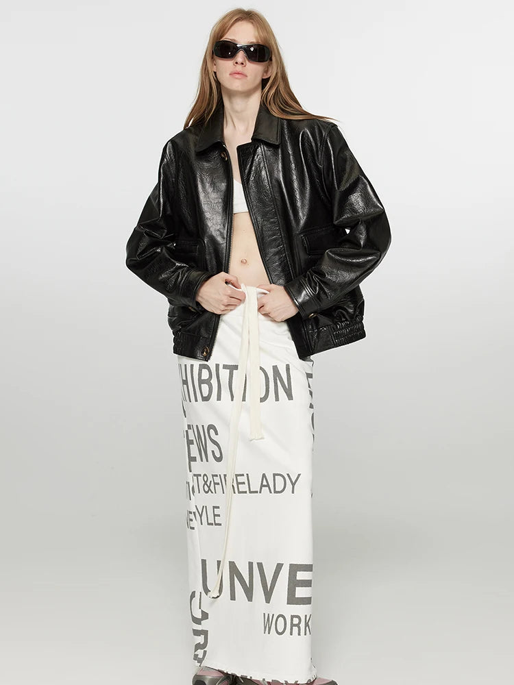 Lautaro Spring Autumn Short Distressed Brown Pu Leather Jacket Women Zipper Pockets Luxury Designer American Retro Clothes 2025 Black