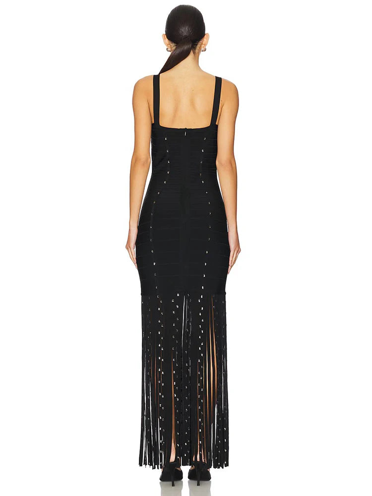 Black Diamond Tassel Spaghetti Straps Long Dress Backless Sleeveless Fringed Patchwork Bodycon Evening Party Gowns