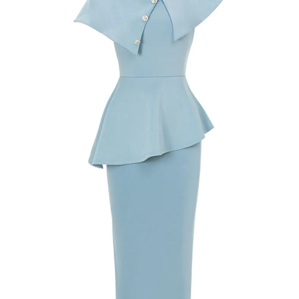 2024 Sexy Women Sky Blue Dress Off Shoulder Slant Neck Lotus Leaf Sleeve Button Design Bodycon Midi Dress Evening Party Vestidos SKY BLUE