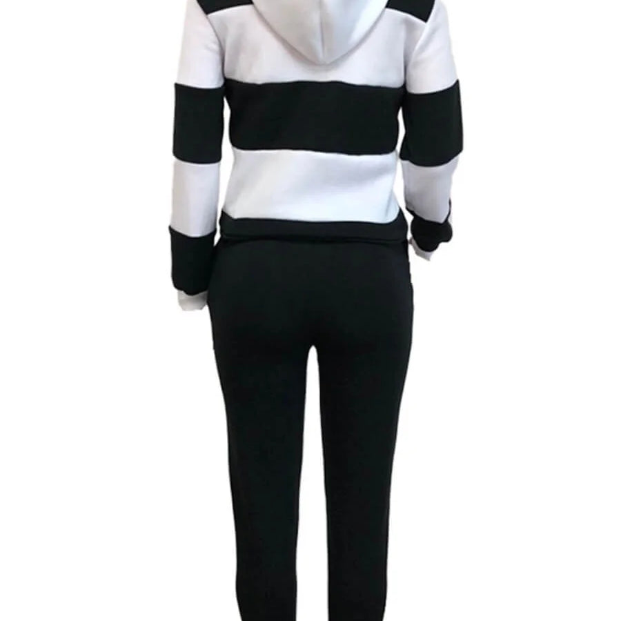 LW Plus Size Sporty Hooded Collar Striped Tracksuit Set Black White Patchwork Kangaroo Pocket Design Tracksuit Sportswear Set