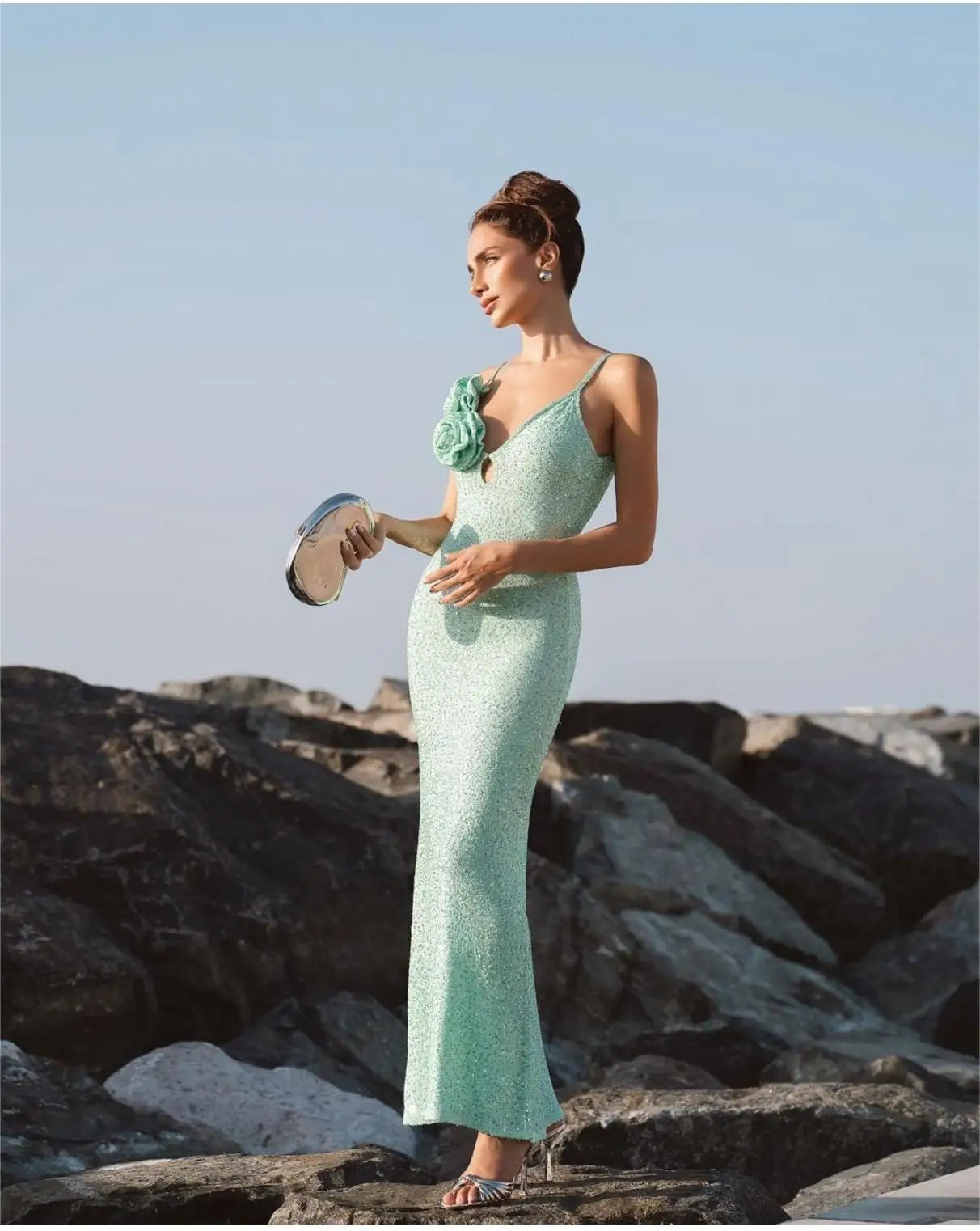 2024 Summer Mint Green Sequins Spaghetti Strap Ankle Length Dress Graceful Woman Evening Party Dress Holiday Vocation Outfit