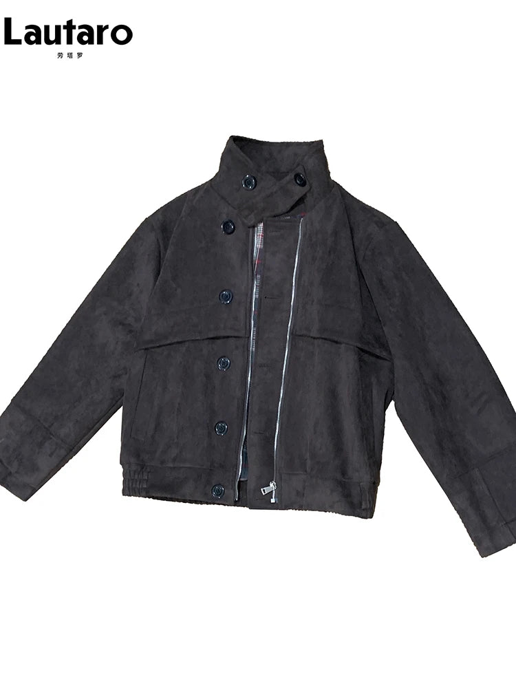 Lautaro Autumn Short Windproof Soft Brown Faux Suede Leather Jacket Men with Plaid Lining Inside Elegant Luxury Designer Clothes